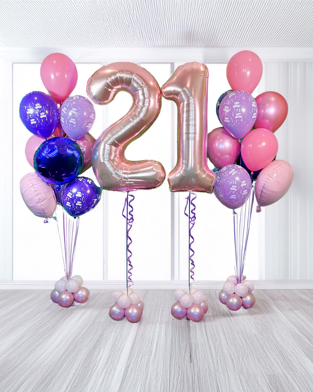 VIP Wooow Birthday Package Toronto – elegant pink and purple balloon arrangement with number 21 balloons and metallic finish by Wooow Balloons
