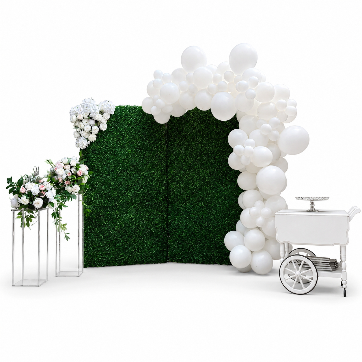 Wedding balloon decor with white organic garland greenery wall floral stands and white cart in Toronto
