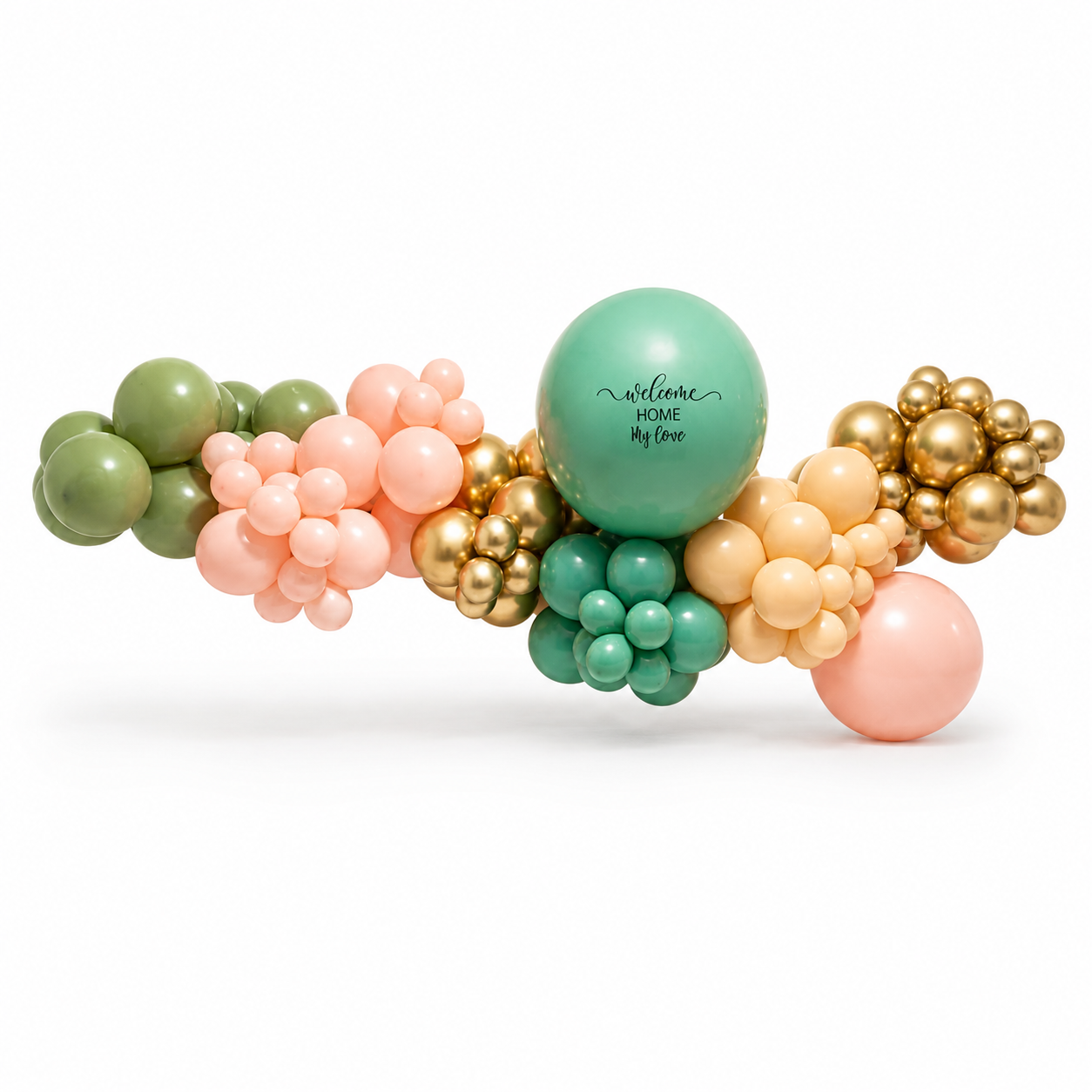 Custom welcome home balloon garland with jumbo personalized balloon in blush, sage green, champagne, and gold for romantic surprises in Toronto.