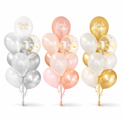 White and silver Bride to Be helium balloon bouquet with confetti balloon for bridal shower Toronto same day delivery