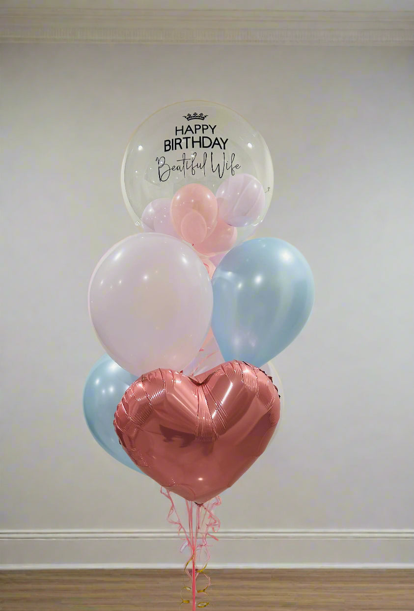 Close-up of clear bobo balloon with mini balloons inside, Cute Balloon Bouquet—Toronto balloons for a fun, photo-ready gift.