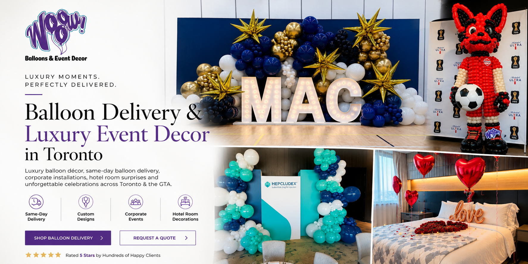 Wooow Balloons & Event Decor luxury balloon decorations in Toronto including corporate event décor, marquee letters, hotel room surprises, custom balloon sculptures, and same-day balloon delivery across the GTA.