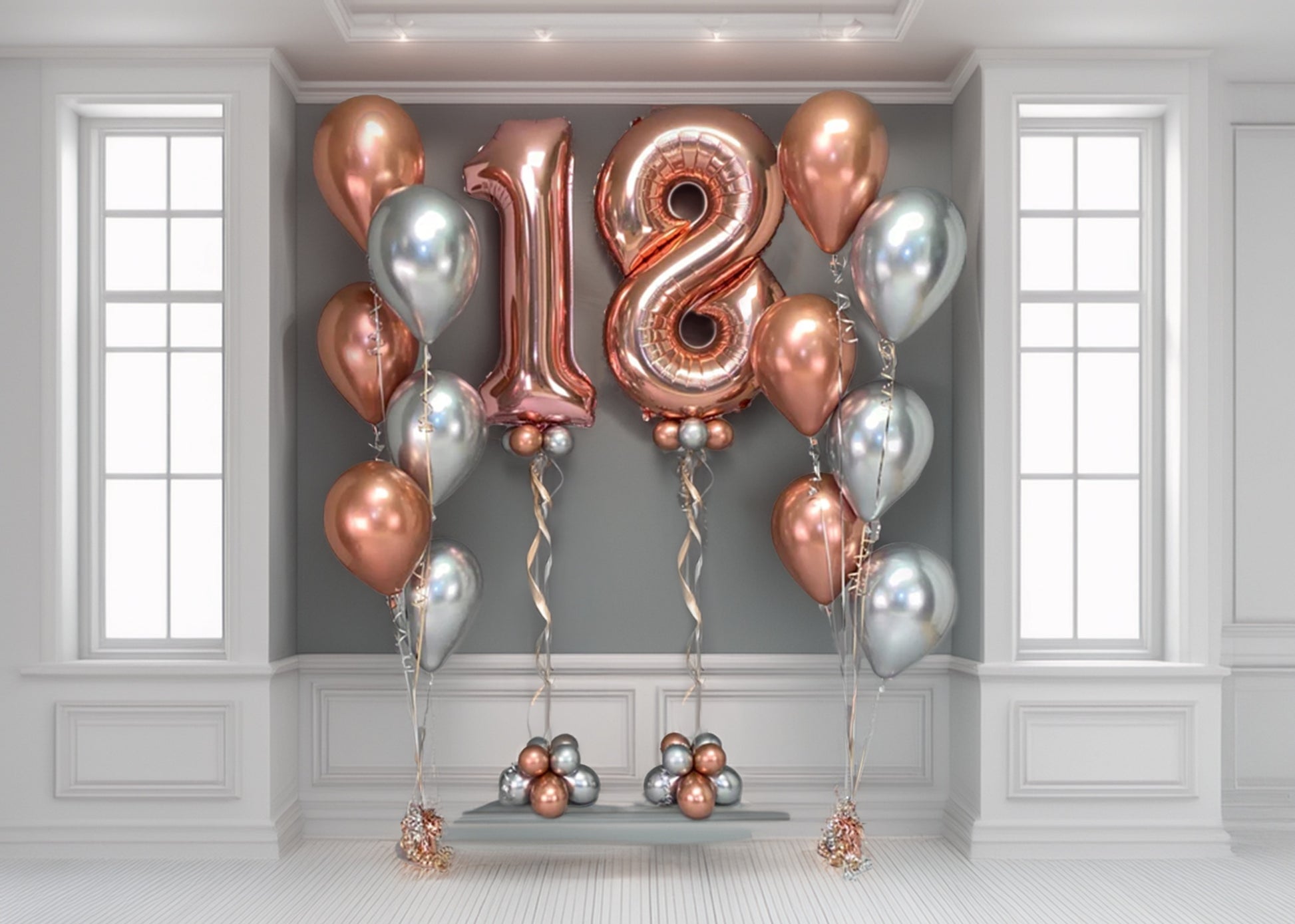 Wooow Birthday Package with helium balloon numbers and bouquets in rose gold and silver — Toronto balloon decor