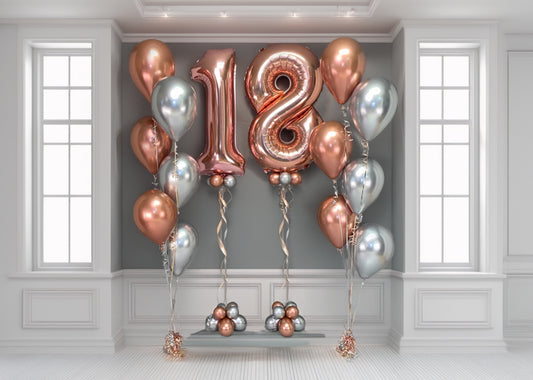 Wooow Birthday Package with helium balloon numbers and bouquets in rose gold and silver — Toronto balloon decor