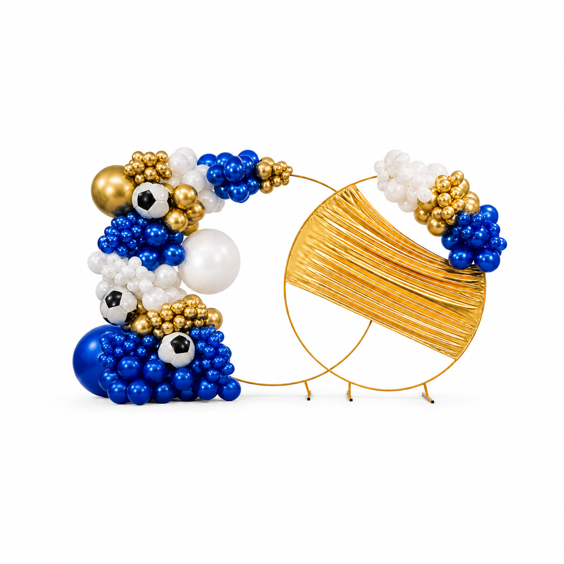 World Cup 2026 Toronto soccer balloon backdrop with blue, gold and white organic balloon arch, luxury event decor setup for football parties and corporate events