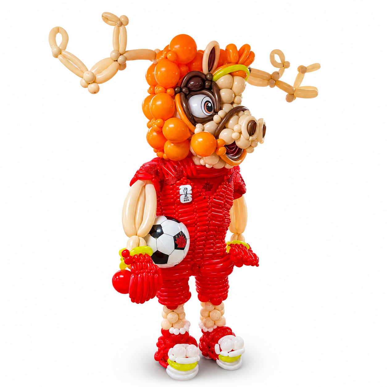 World Cup Toronto Maple Moose balloon sculpture wearing red Canada jersey holding soccer ball, luxury custom balloon decor for FIFA event Toronto