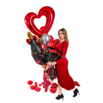 Romantic Valentine balloon bouquet Toronto with Love XOXO champagne balloon, heart balloons, and luxury styling