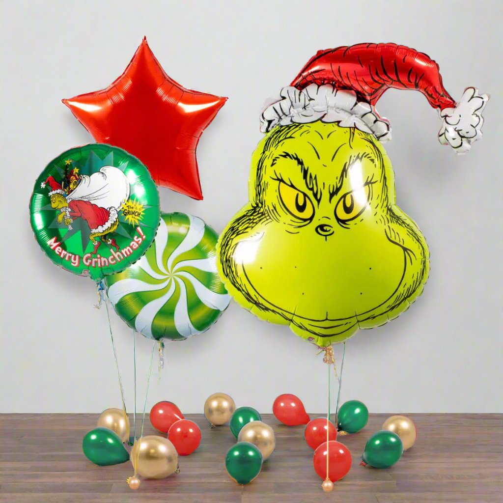 Merry Grinchmas Inflated Christmas Balloon Package featuring Grinch supershape and "Merry Grinchmas" foil balloons