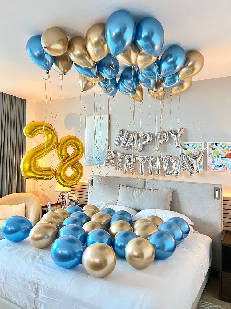 Cute Birthday Decor with balloons and "HAPPY BIRTHDAY" banner.