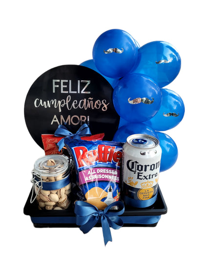 Birthday Gift Basket with Balloon Garland, Snacks, and Custom Message for Delivery in Toronto.