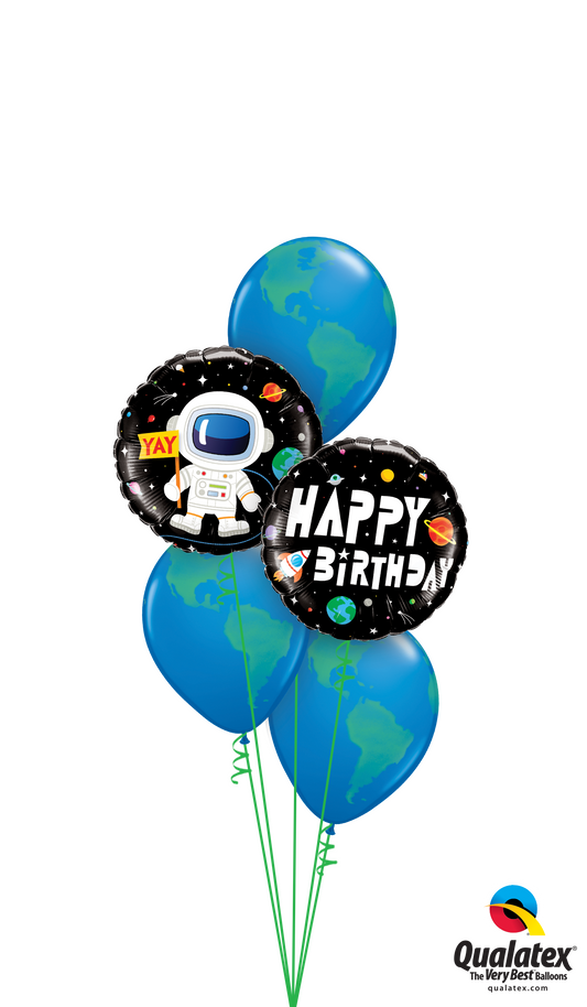 HBD Little Astronaut balloon bouquet with foil and latex balloons, perfect for birthdays.