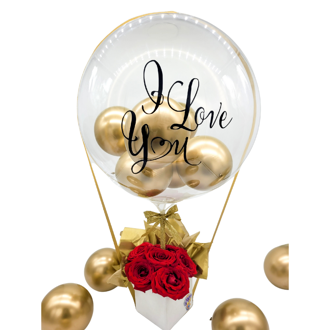 Hot-Air Balloon & Roses Gift with Customizable Balloon and Red Roses for Special Occasions.