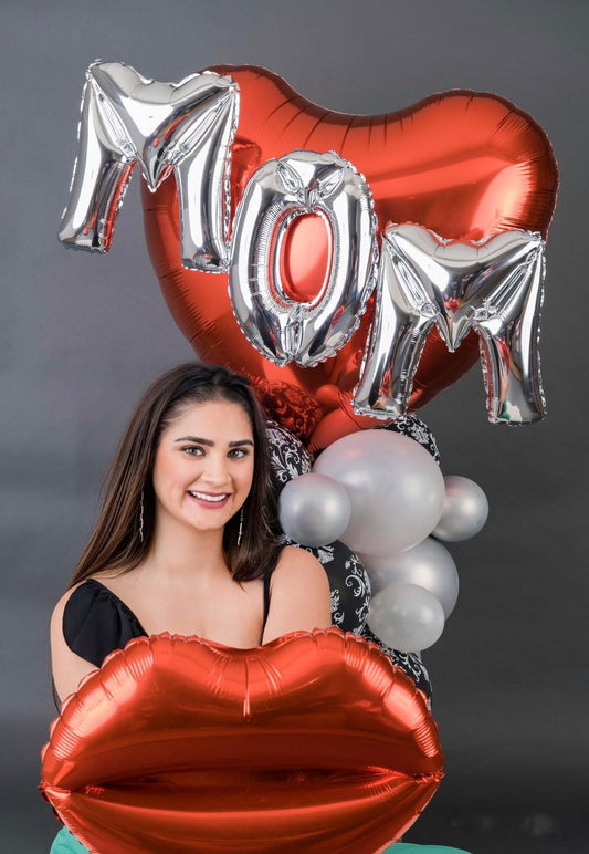 MOM Balloon Bouquet – Red Heart Balloon with Silver MOM Letters
