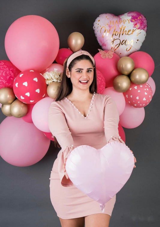 Mother’s Day Balloon Cluster featuring pink, gold, and white balloons with a special "Happy Mother’s Day" balloon, perfect for celebrations.
