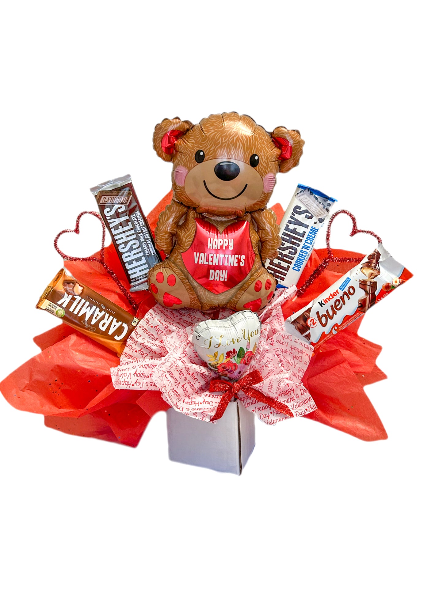 Valentine’s Gift Box with chocolates, a Teddy Bear balloon, and a heart balloon in a decorative box.